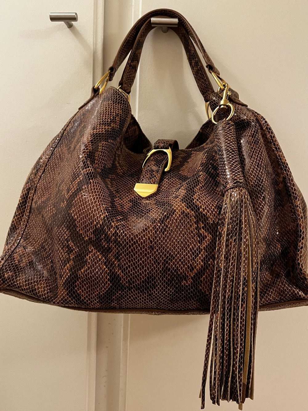 G.I.L.I. Brown Snakeskin Leather Hobo Bag with Tassel-Minor Flaw (See Pics)